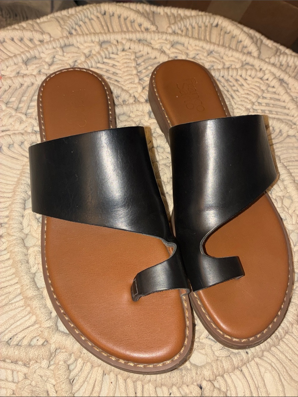 Franco Sarto Black and Brown Leather Slide Sandals